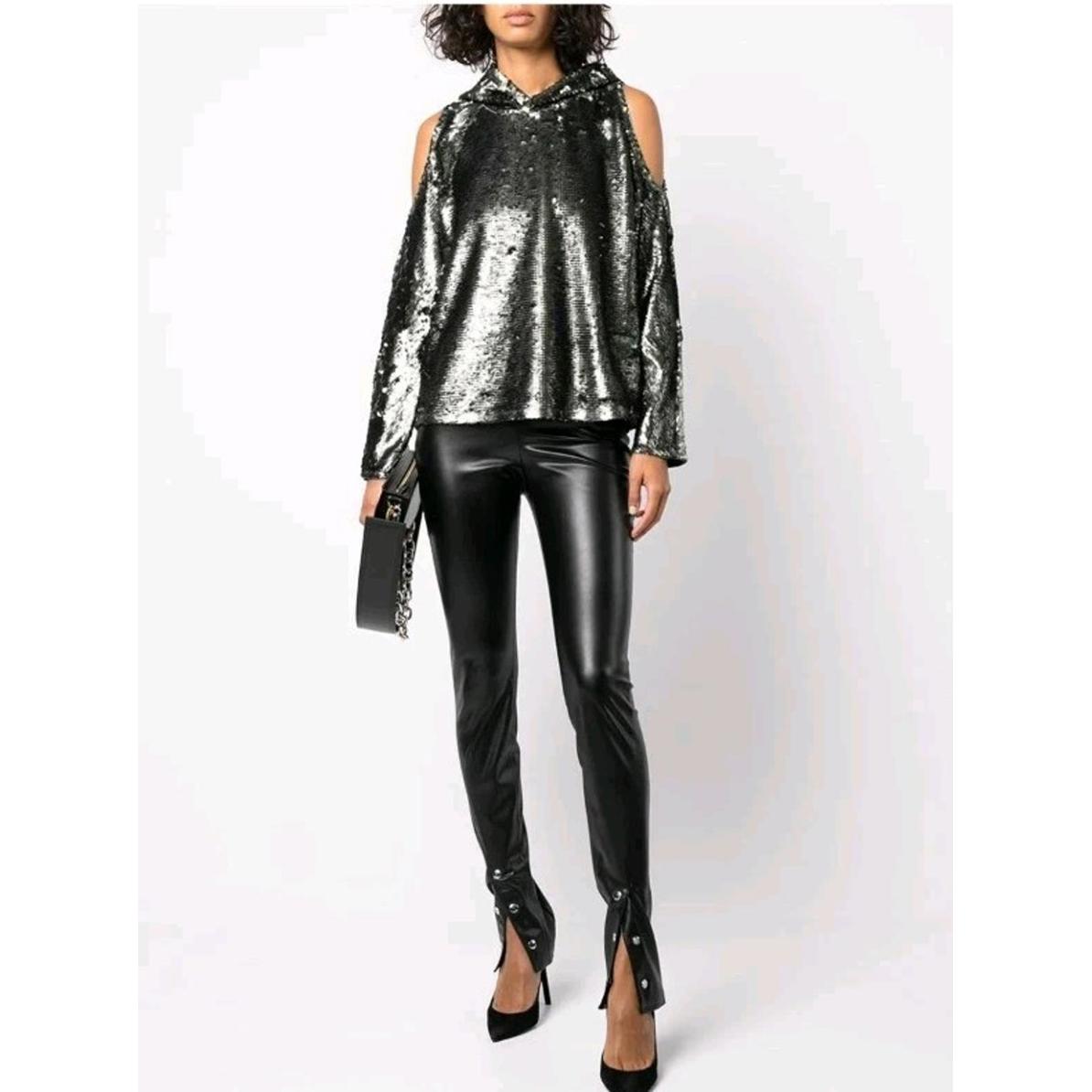 Rta Juno Cold Shoulder Sequin Top In Dark Silver & Black -Xs Nwt $495 Farfetch